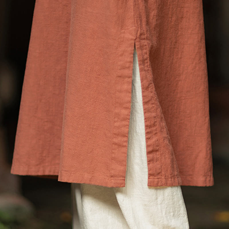 Buddha Stones Cheongsam, einfarbiges Midikleid aus Ramie-Leinen mit Froschknopfverschluss, langen Ärmeln und Taschen - image 7