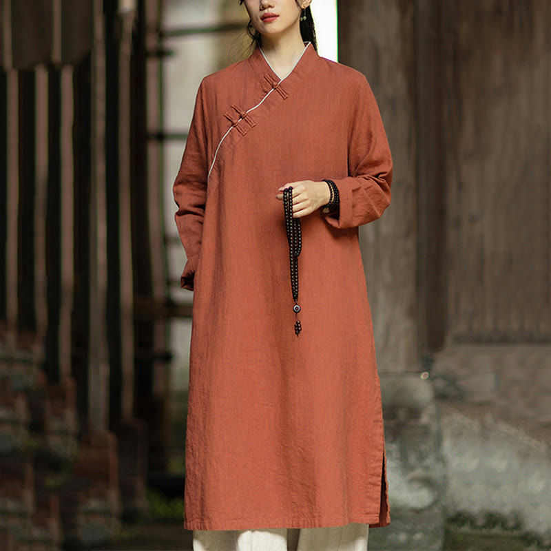 Buddha Stones Cheongsam, einfarbiges Midikleid aus Ramie-Leinen mit Froschknopfverschluss, langen Ärmeln und Taschen - Schokolade - US4, UK/AU8, EU36 (F) - image 0