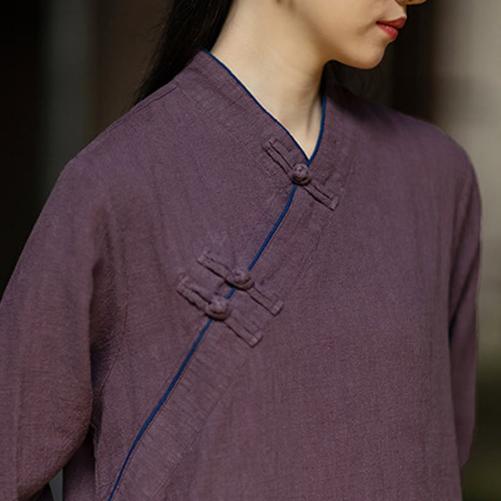 Buddha Stones Cheongsam, einfarbiges Midikleid aus Ramie-Leinen mit Froschknopfverschluss, langen Ärmeln und Taschen - image 21