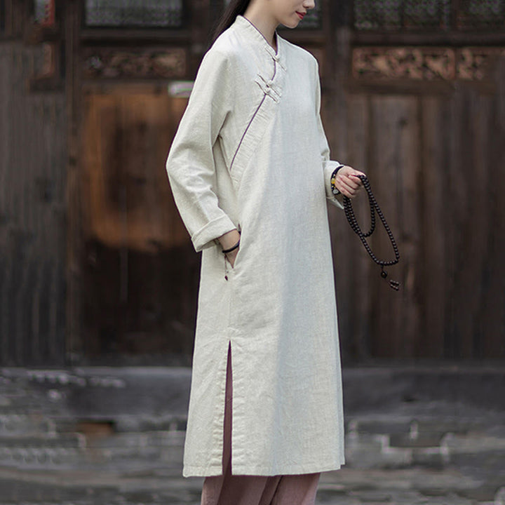 Buddha Stones Cheongsam, einfarbiges Midikleid aus Ramie-Leinen mit Froschknopfverschluss, langen Ärmeln und Taschen - image 12
