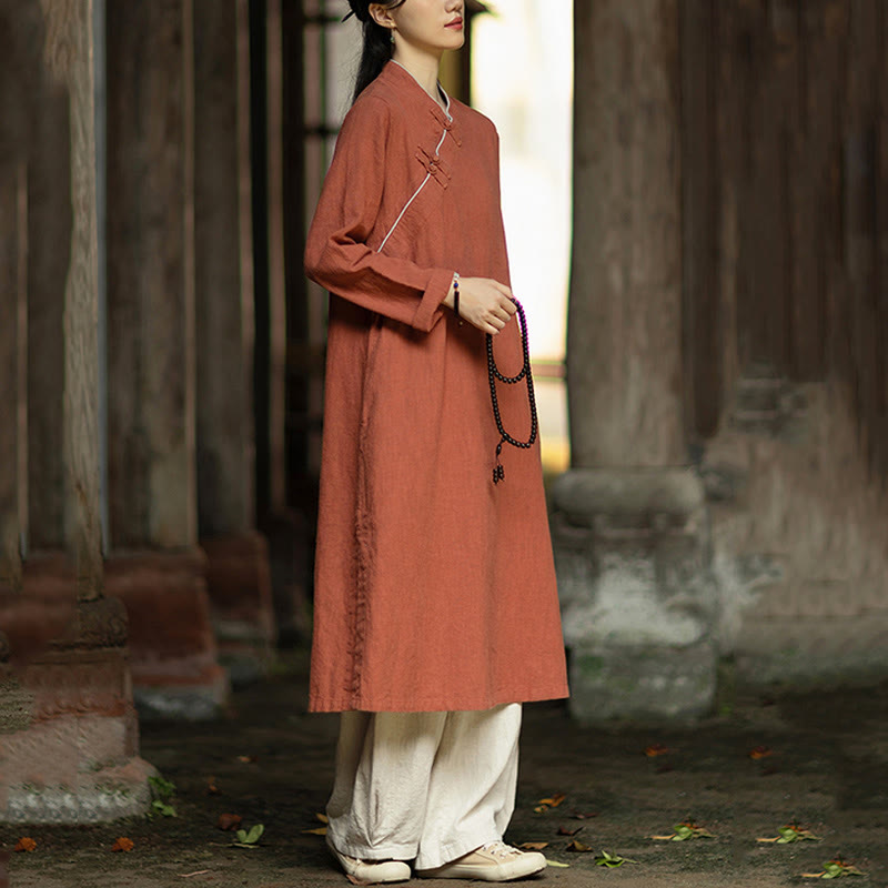 Buddha Stones Cheongsam, einfarbiges Midikleid aus Ramie-Leinen mit Froschknopfverschluss, langen Ärmeln und Taschen - image 4