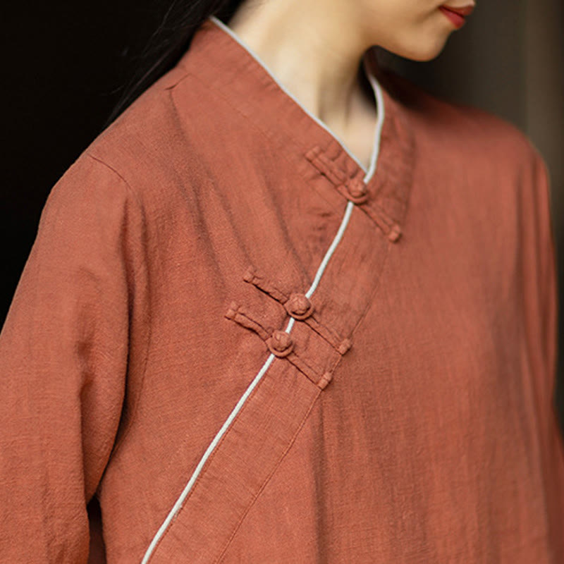 Buddha Stones Cheongsam, einfarbiges Midikleid aus Ramie-Leinen mit Froschknopfverschluss, langen Ärmeln und Taschen - image 6