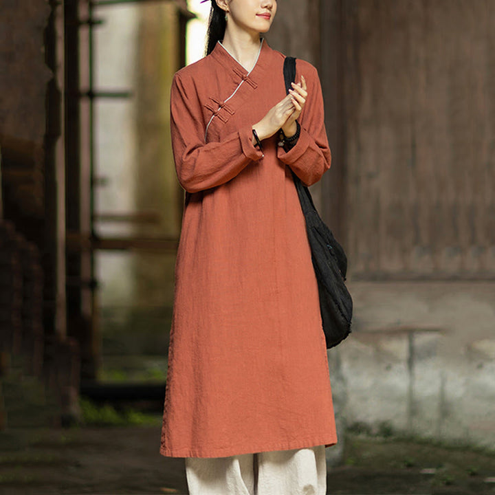 Buddha Stones Cheongsam, einfarbiges Midikleid aus Ramie-Leinen mit Froschknopfverschluss, langen Ärmeln und Taschen - image 3