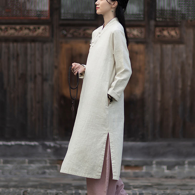 Buddha Stones Cheongsam, einfarbiges Midikleid aus Ramie-Leinen mit Froschknopfverschluss, langen Ärmeln und Taschen - image 13