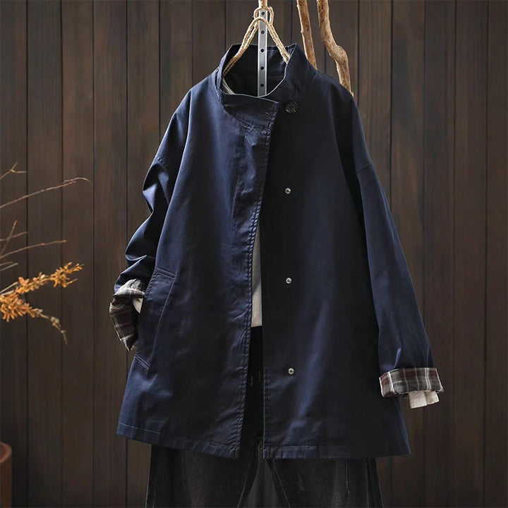 Buddha Stones Herbstknöpfe Langarm Mid-lange Baumwolljacke für Damen mit Taschen - SteelBlue - US4-6, UK/AU8-10, EU36-38 (F) - image 0