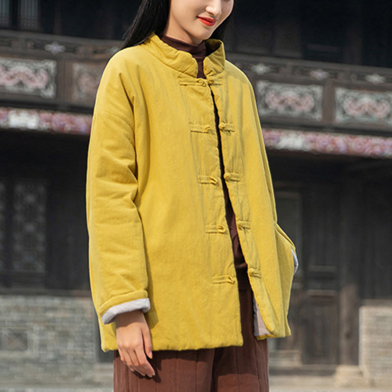 Buddha Stones Winter Solid Frog-Button Langarm-Thermojacke aus Baumwolle für Damen mit Taschen - image 5