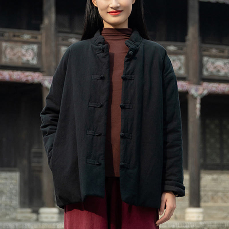 Buddha Stones Winter Solid Frog-Button Langarm-Thermojacke aus Baumwolle für Damen mit Taschen - Schwarz - US4-6, UK/AU8-10, EU36-38 (F) - image 11