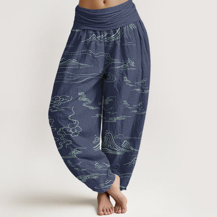 Damen-Haremshose mit Buddha Stones, Berg-, Mond- und Wolkenmuster sowie elastischem Bund - SteelBlue - US22, UK/AU26, EU54 (6XL) - image 4