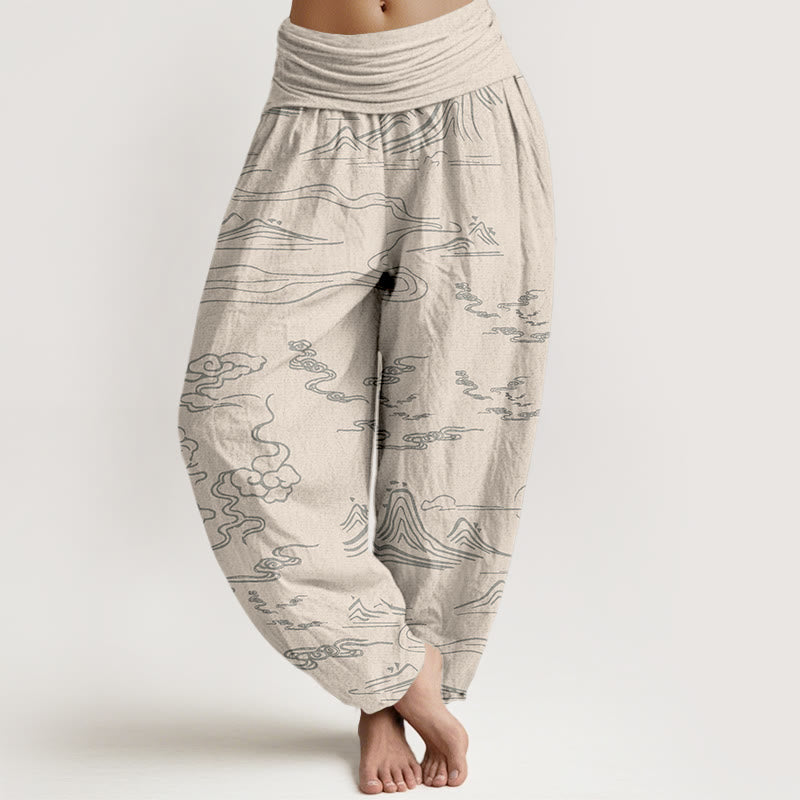 Damen-Haremshose mit Buddha Stones, Berg-, Mond- und Wolkenmuster sowie elastischem Bund - Beige - US22, UK/AU26, EU54 (6XL) - image 7