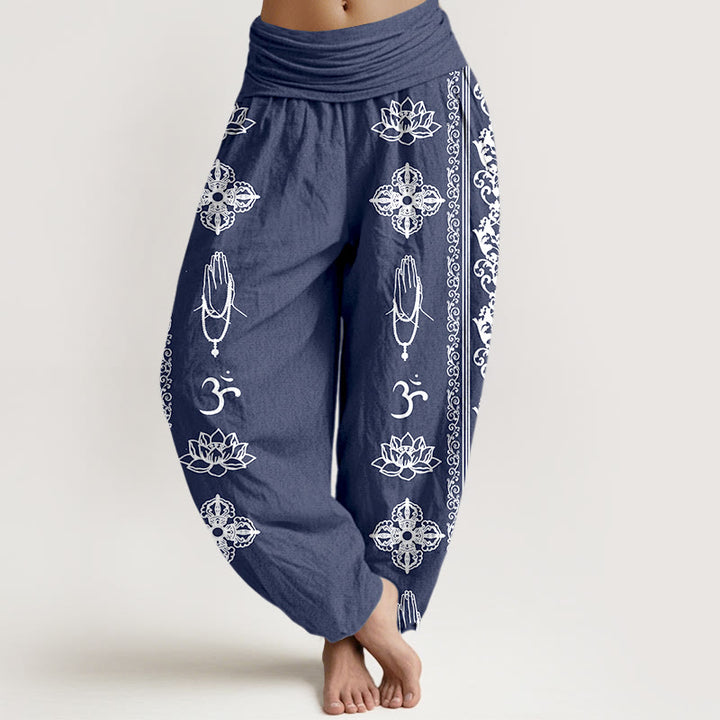 Haremshose für Damen mit elastischer Taille, Buddha Stones, reine Baumwolle, Lotusblumen, doppeltes Dorje-Vajra-Namaste-Om-Design - SteelBlue - US22, UK/AU26, EU54 (6XL) - image 11