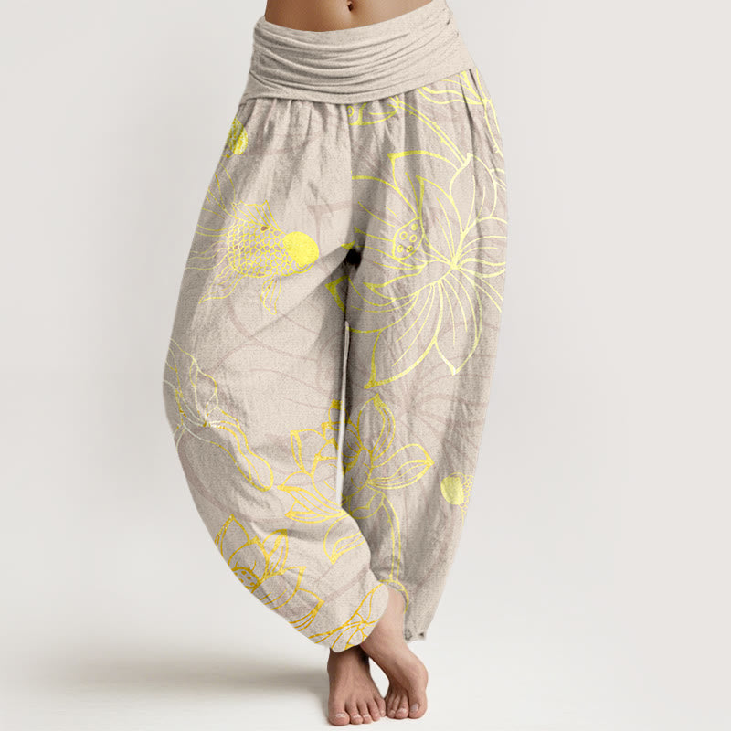 Buddha Stones , Baumwolle, Lotusblatt, Koi-Fisch, Damen-Haremshose mit elastischem Bund - Beige - US22, UK/AU26, EU54 (6XL) - image 7