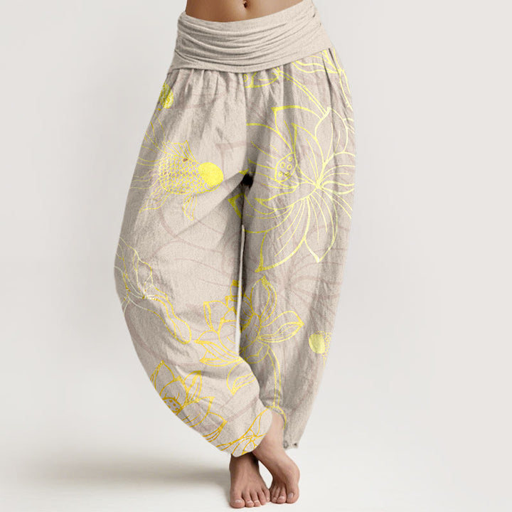 Buddha Stones , Baumwolle, Lotusblatt, Koi-Fisch, Damen-Haremshose mit elastischem Bund - Beige - US22, UK/AU26, EU54 (6XL) - image 7