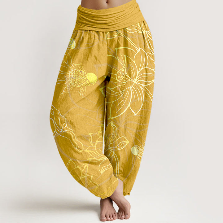 Buddha Stones Damen-Haremshose aus reiner Baumwolle mit Lotusblatt und Koi-Fisch und elastischer Taille - Gold - US22, UK/AU26, EU54 (6XL) - image 11
