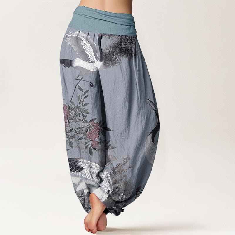 Buddha Stones Damen-Haremshose aus reiner Baumwolle mit elastischer Taille und Mandschurenkranich-Kiefern-Bergmotiv - image 9