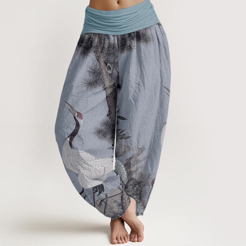 Buddha Stones Damen-Haremshose aus reiner Baumwolle mit elastischer Taille und Mandschurenkranich-Kiefern-Bergmotiv - Hellstahlblau - US22, UK/AU26, EU54 (6XL) - image 8