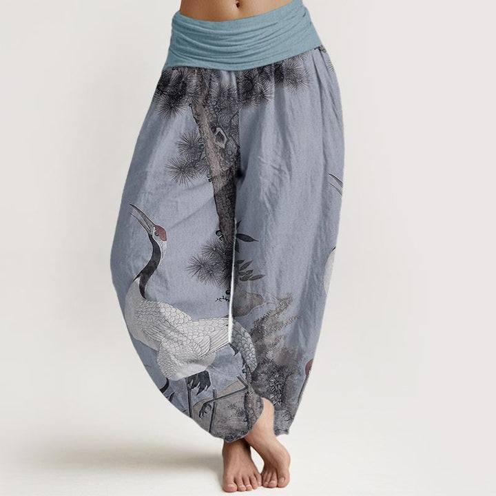 Buddha Stones Damen-Haremshose aus reiner Baumwolle mit elastischer Taille und Mandschurenkranich-Kiefern-Bergmotiv - Hellstahlblau - US22, UK/AU26, EU54 (6XL) - image 8