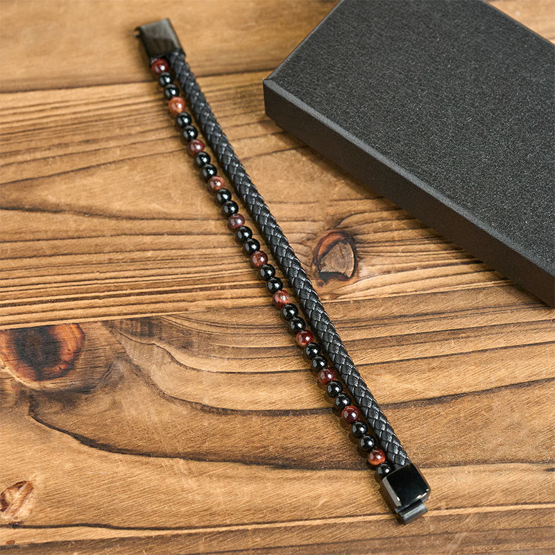 Buddha Stones, schwarzer Onyx, Tigerauge, Titanstahl, Leder-Schutzarmband - image 4