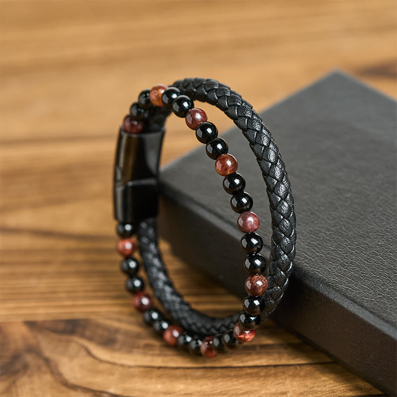 Buddha Stones, schwarzer Onyx, Tigerauge, Titanstahl, Leder-Schutzarmband - image 3