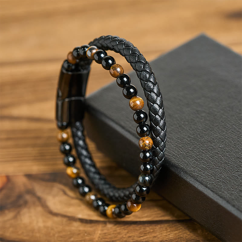 Buddha Stones, schwarzer Onyx, Tigerauge, Titanstahl, Leder-Schutzarmband - image 12