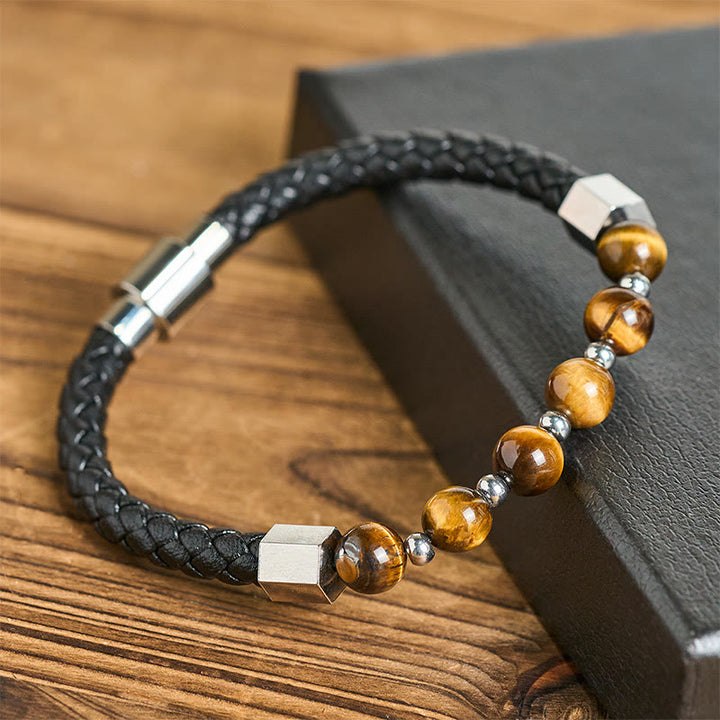 Buddha Stones, Tigerauge, Titanstahl, Mut, Balance, Lederarmband - Tigerauge (Handgelenkumfang: 18-19 cm) - image 0