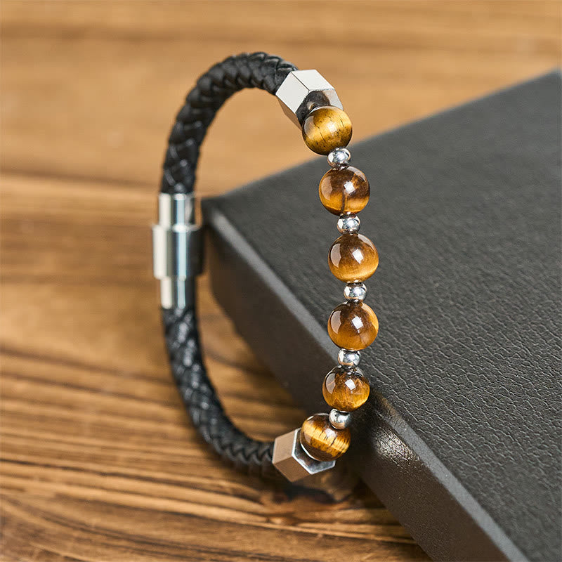 Buddha Stones, Tigerauge, Titanstahl, Mut, Balance, Lederarmband - image 1