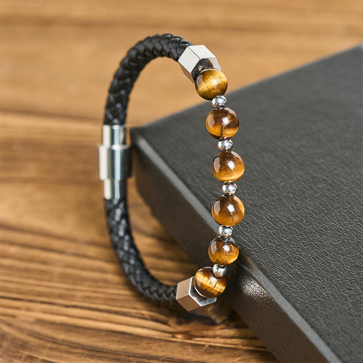 Buddha Stones, Tigerauge, Titanstahl, Mut, Balance, Lederarmband - image 1