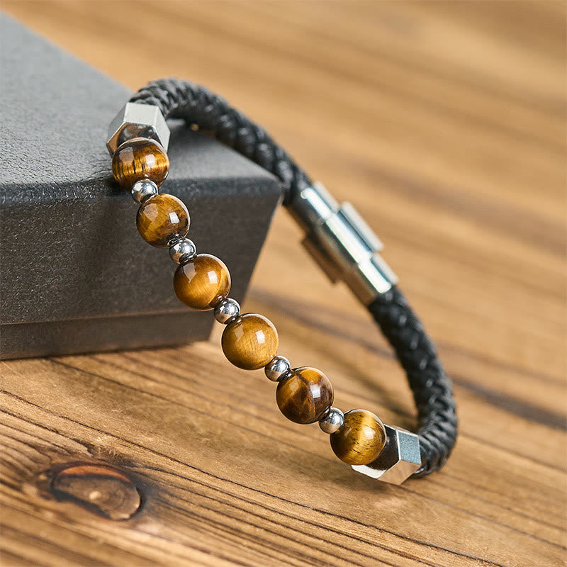 Buddha Stones, Tigerauge, Titanstahl, Mut, Balance, Lederarmband - image 3