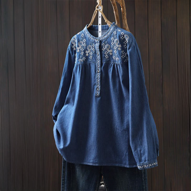 Damenhemd aus Baumwoll-Denim mit Buddha Stones, geometrischem Muster, Blumenstickerei, halben Knöpfen und langen Ärmeln - Königsblau - US4-6, UK/AU8-10, EU36-38 (F) - image 17