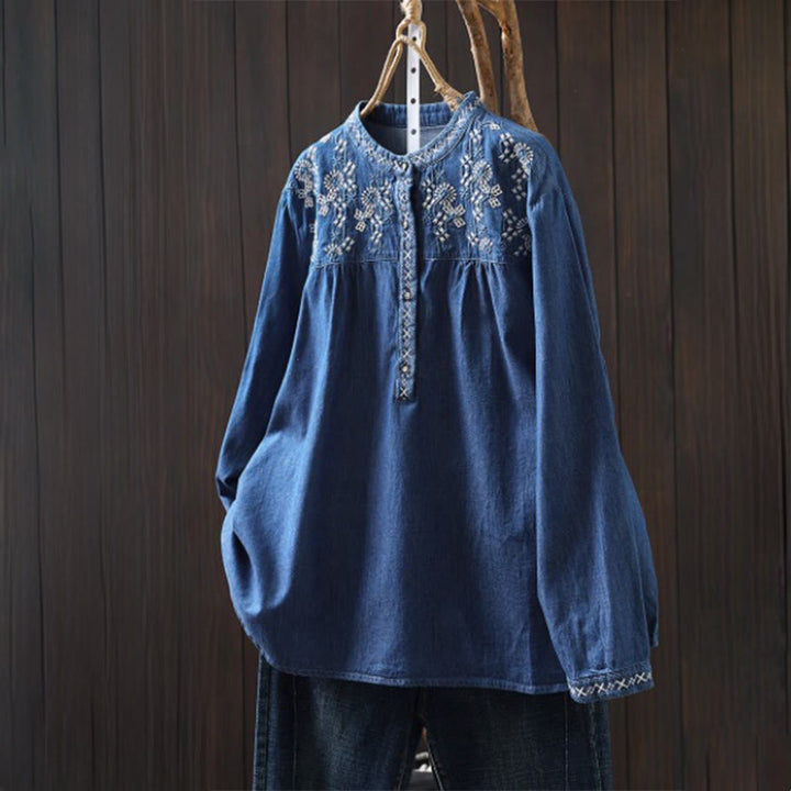 Damenhemd aus Baumwoll-Denim mit Buddha Stones, geometrischem Muster, Blumenstickerei, halben Knöpfen und langen Ärmeln - Königsblau - US4-6, UK/AU8-10, EU36-38 (F) - image 17