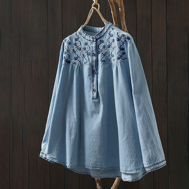 Damenhemd aus Baumwoll-Denim mit Buddha Stones, geometrischem Muster, Blumenstickerei, halben Knöpfen und langen Ärmeln - image 2