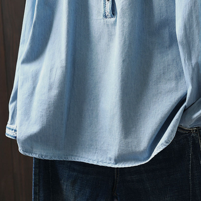 Damenhemd aus Baumwoll-Denim mit Buddha Stones, geometrischem Muster, Blumenstickerei, halben Knöpfen und langen Ärmeln - image 12