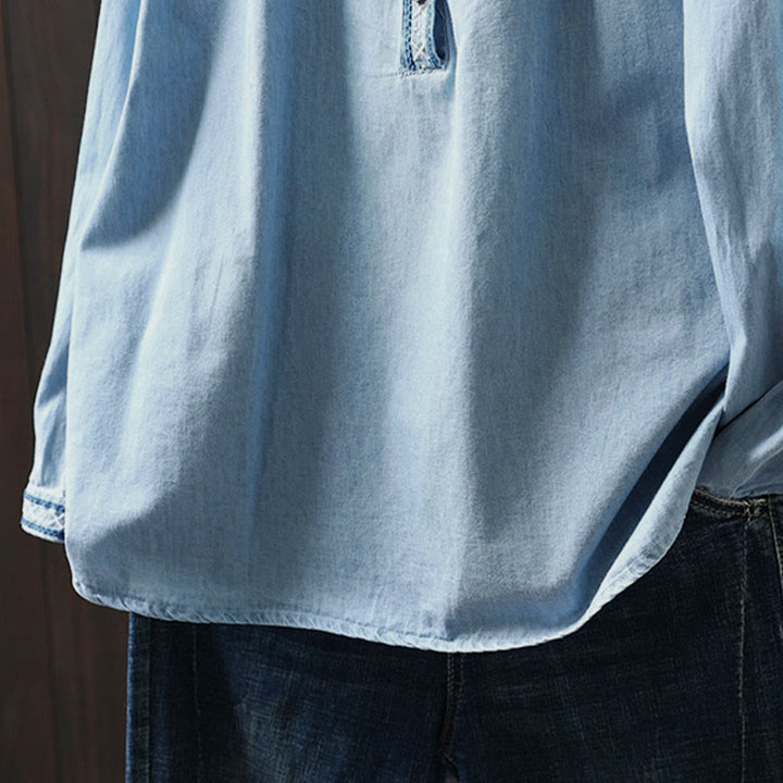 Damenhemd aus Baumwoll-Denim mit Buddha Stones, geometrischem Muster, Blumenstickerei, halben Knöpfen und langen Ärmeln - image 12
