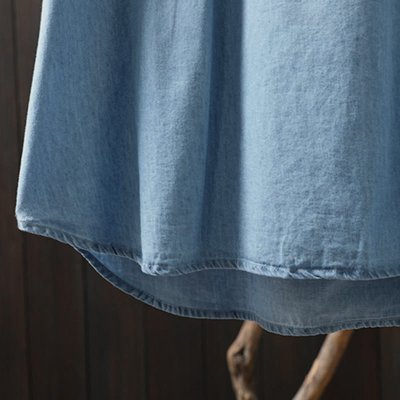 Damenhemd aus Baumwoll-Denim mit Buddha Stones, geometrischem Muster, Blumenstickerei, halben Knöpfen und langen Ärmeln - image 13