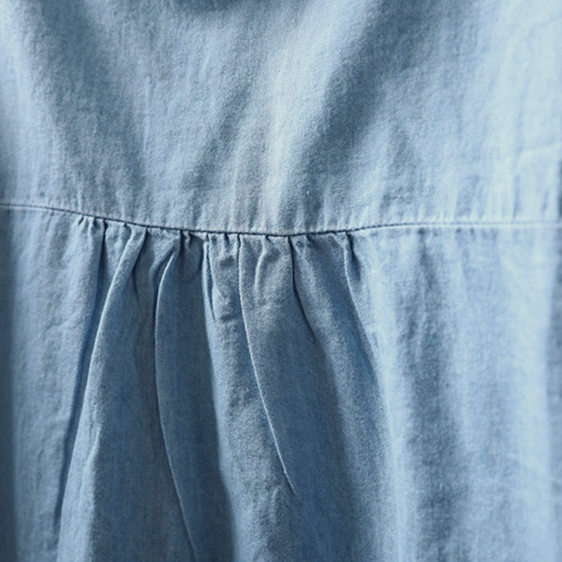 Damenhemd aus Baumwoll-Denim mit Buddha Stones, geometrischem Muster, Blumenstickerei, halben Knöpfen und langen Ärmeln - image 7