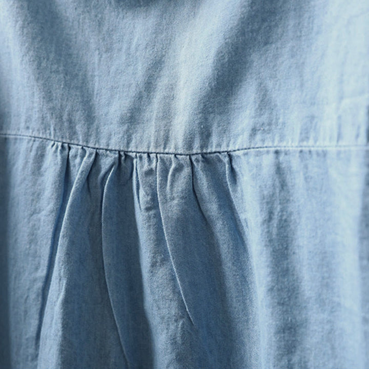Damenhemd aus Baumwoll-Denim mit Buddha Stones, geometrischem Muster, Blumenstickerei, halben Knöpfen und langen Ärmeln - image 7