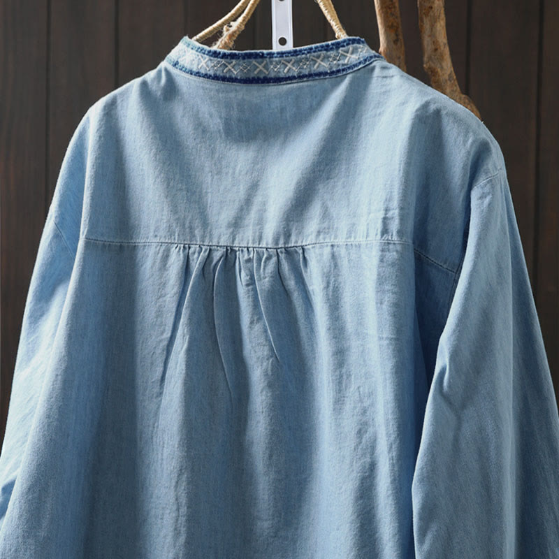 Damenhemd aus Baumwoll-Denim mit Buddha Stones, geometrischem Muster, Blumenstickerei, halben Knöpfen und langen Ärmeln - image 4