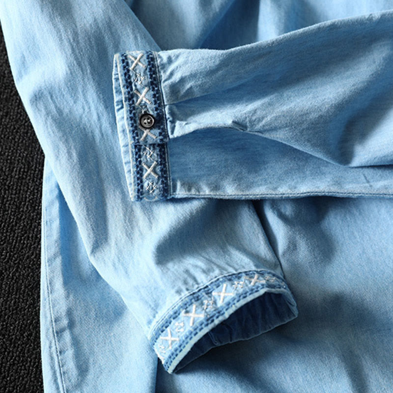 Damenhemd aus Baumwoll-Denim mit Buddha Stones, geometrischem Muster, Blumenstickerei, halben Knöpfen und langen Ärmeln - image 11