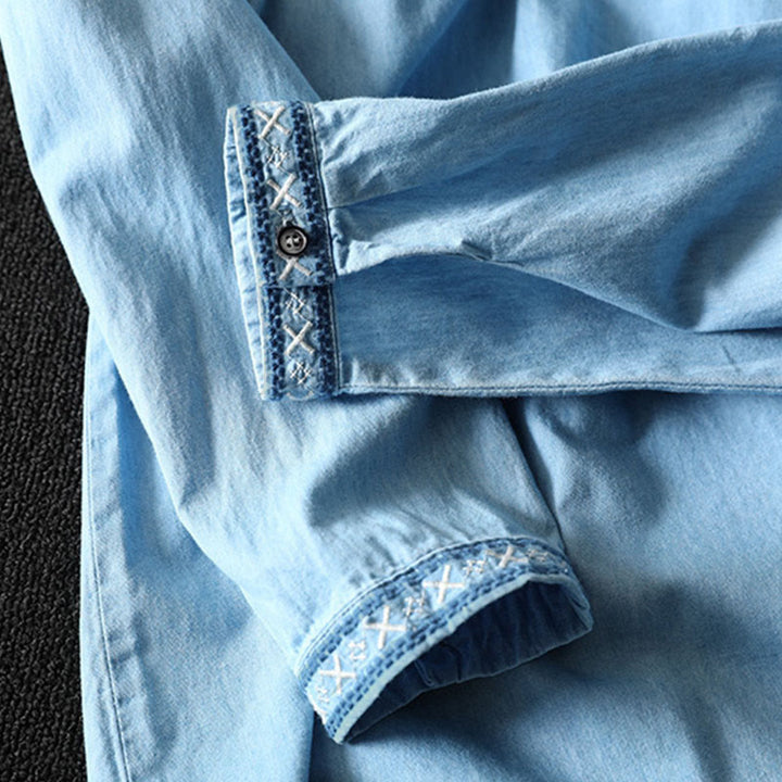 Damenhemd aus Baumwoll-Denim mit Buddha Stones, geometrischem Muster, Blumenstickerei, halben Knöpfen und langen Ärmeln - image 11
