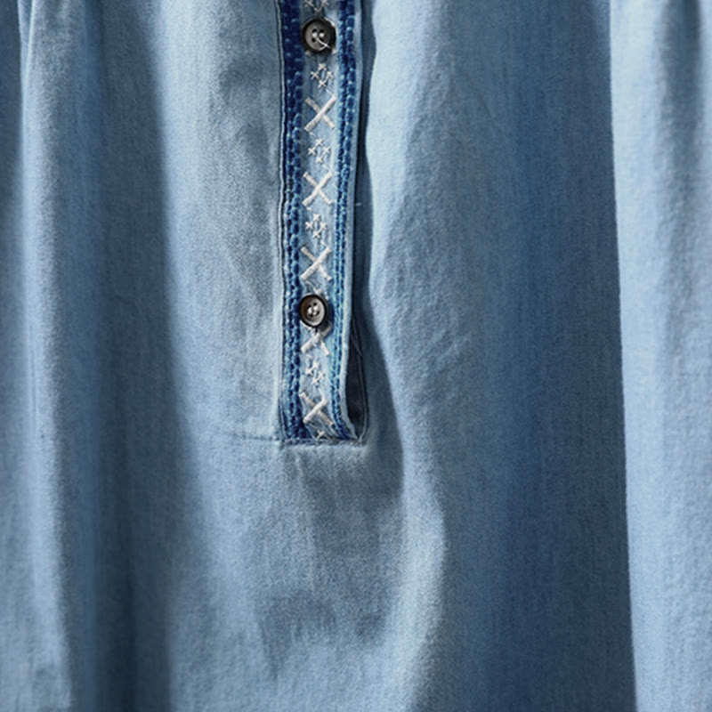 Damenhemd aus Baumwoll-Denim mit Buddha Stones, geometrischem Muster, Blumenstickerei, halben Knöpfen und langen Ärmeln - image 6