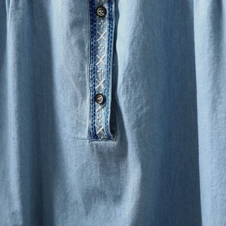Damenhemd aus Baumwoll-Denim mit Buddha Stones, geometrischem Muster, Blumenstickerei, halben Knöpfen und langen Ärmeln - image 6
