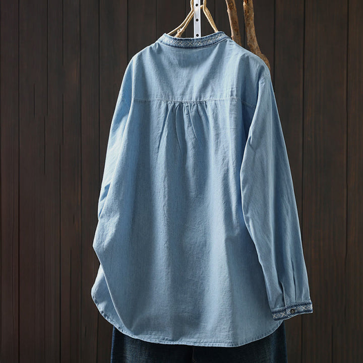 Damenhemd aus Baumwoll-Denim mit Buddha Stones, geometrischem Muster, Blumenstickerei, halben Knöpfen und langen Ärmeln - image 1