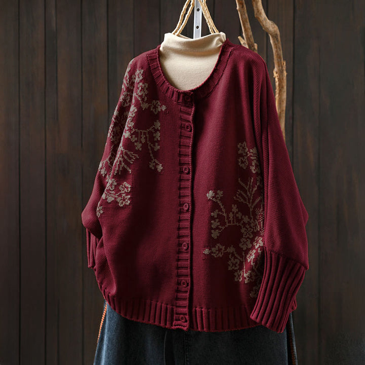 Strickcardigan mit Buddha Stones, floralen Knöpfen und langen Fledermausärmeln aus Baumwolle für Damen - Feuerfestziegel - US4-6, UK/AU8-10, EU36-38 (F) - image 0