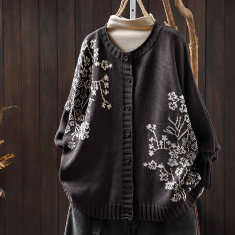Strickcardigan mit Buddha Stones, floralen Knöpfen und langen Fledermausärmeln aus Baumwolle für Damen - Dunkelgrau - US4-6, UK/AU8-10, EU36-38 (F) - image 17