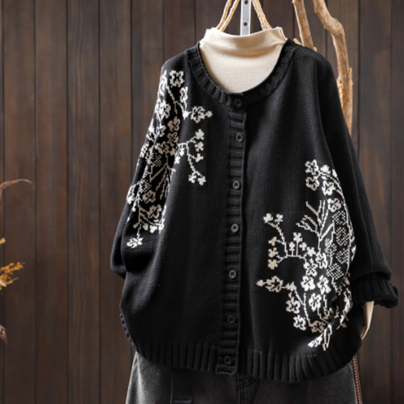 Strickcardigan mit Buddha Stones, floralen Knöpfen und langen Fledermausärmeln aus Baumwolle für Damen - Schwarz - US4-6, UK/AU8-10, EU36-38 (F) - image 19