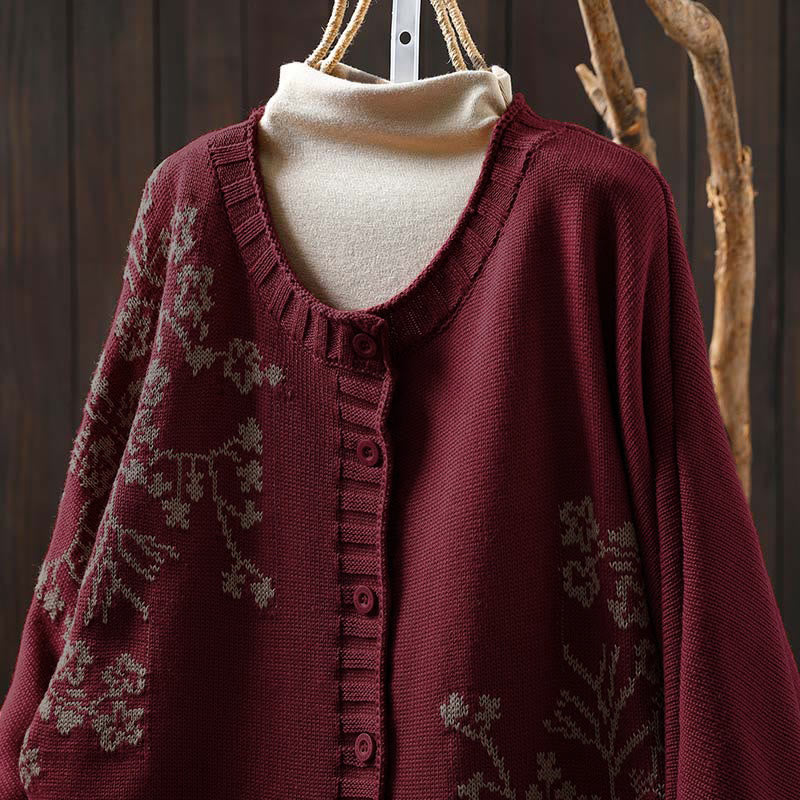 Strickcardigan mit Buddha Stones, floralen Knöpfen und langen Fledermausärmeln aus Baumwolle für Damen - image 1