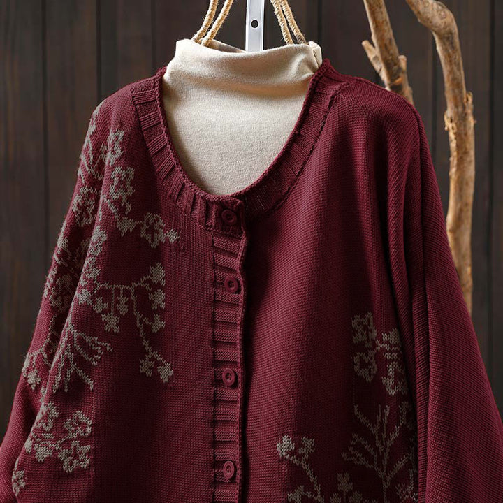 Strickcardigan mit Buddha Stones, floralen Knöpfen und langen Fledermausärmeln aus Baumwolle für Damen - image 1