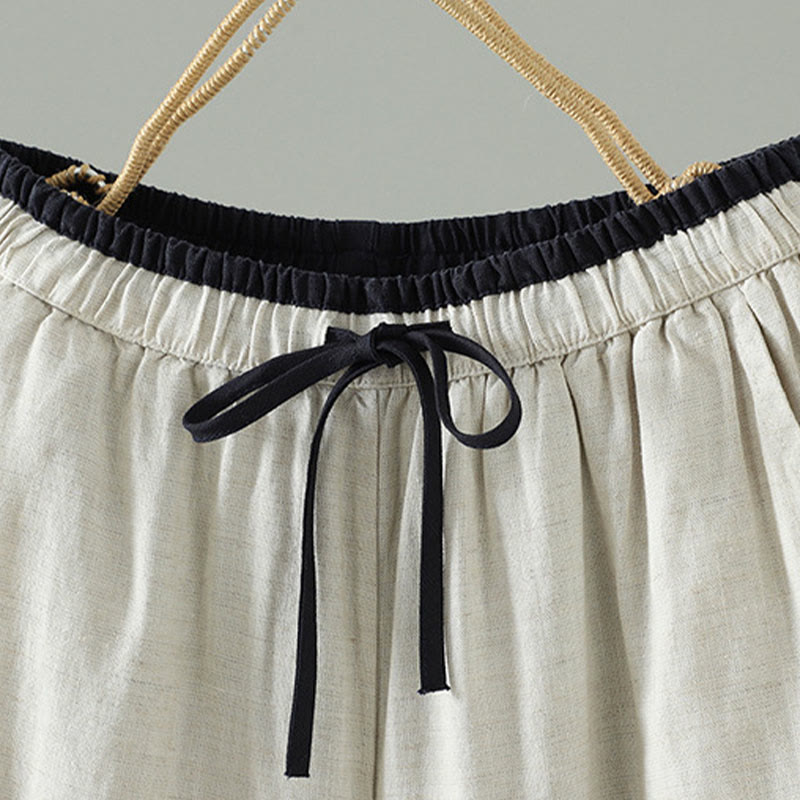 Buddha Stones Winter Kontrastierende Damenhose aus Baumwoll-Leinen-Mischgewebe mit weitem Bein und Taschen - image 8