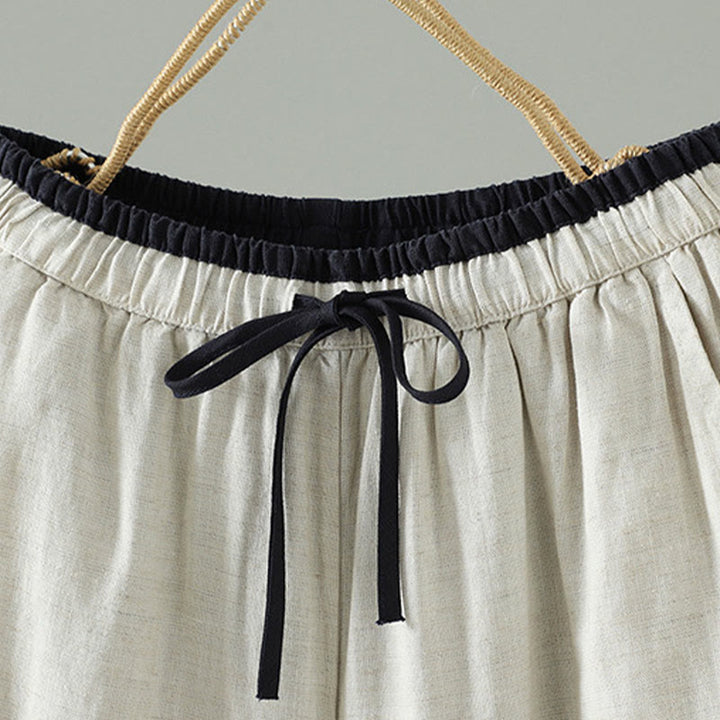 Buddha Stones Winter Kontrastierende Damenhose aus Baumwoll-Leinen-Mischgewebe mit weitem Bein und Taschen - image 8