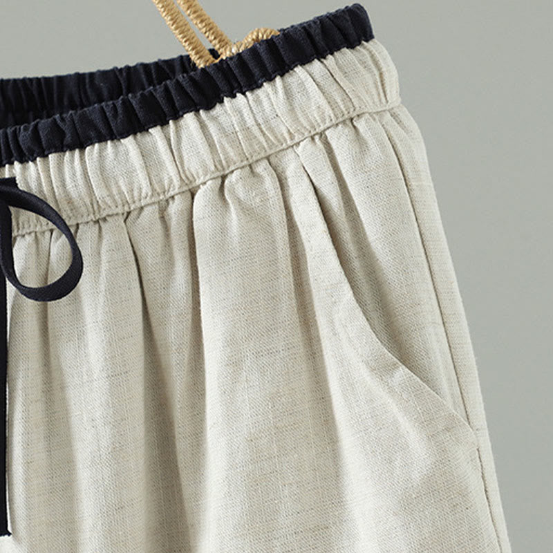 Buddha Stones Winter Kontrastierende Damenhose aus Baumwoll-Leinen-Mischgewebe mit weitem Bein und Taschen - image 11