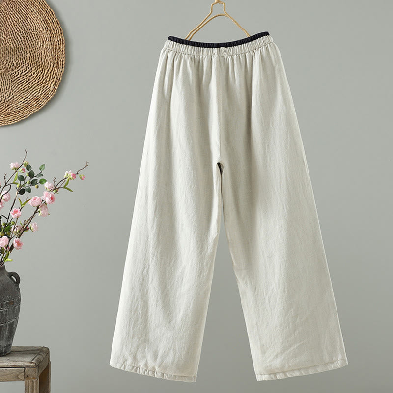 Buddha Stones Winter Kontrastierende Damenhose aus Baumwoll-Leinen-Mischgewebe mit weitem Bein und Taschen - image 7